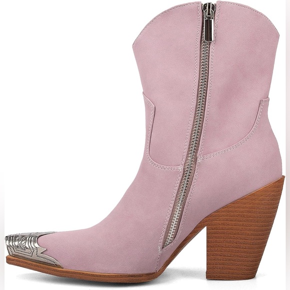 Hoan Tiai Lilac Engraved Metal Toe Cowboy Ankle Boots Block Heel Size 7 New - Picture 6 of 12